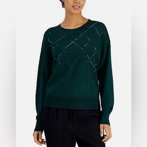 NWT ALFANI Womens Size medium Shine Pattern Sweater Long Sleeve Beaded Emerald